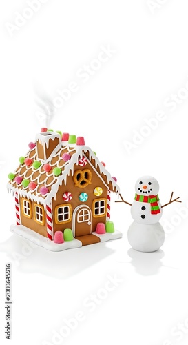 A festive gingerbread house with icing and candy beside a cheerful snowman
