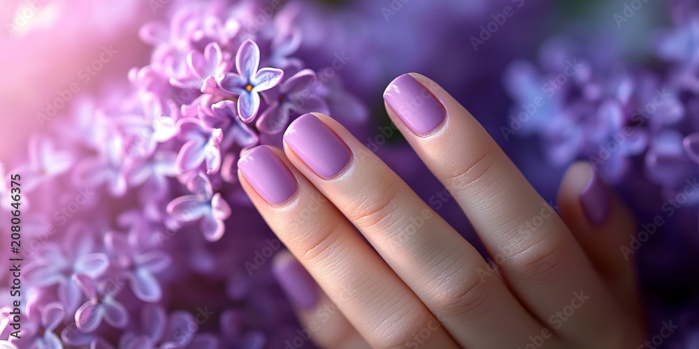 Fototapeta premium Elegant Woman s Hands with Lavender Manicure Gently Touching Lilac Blossoms in Springtime Beauty