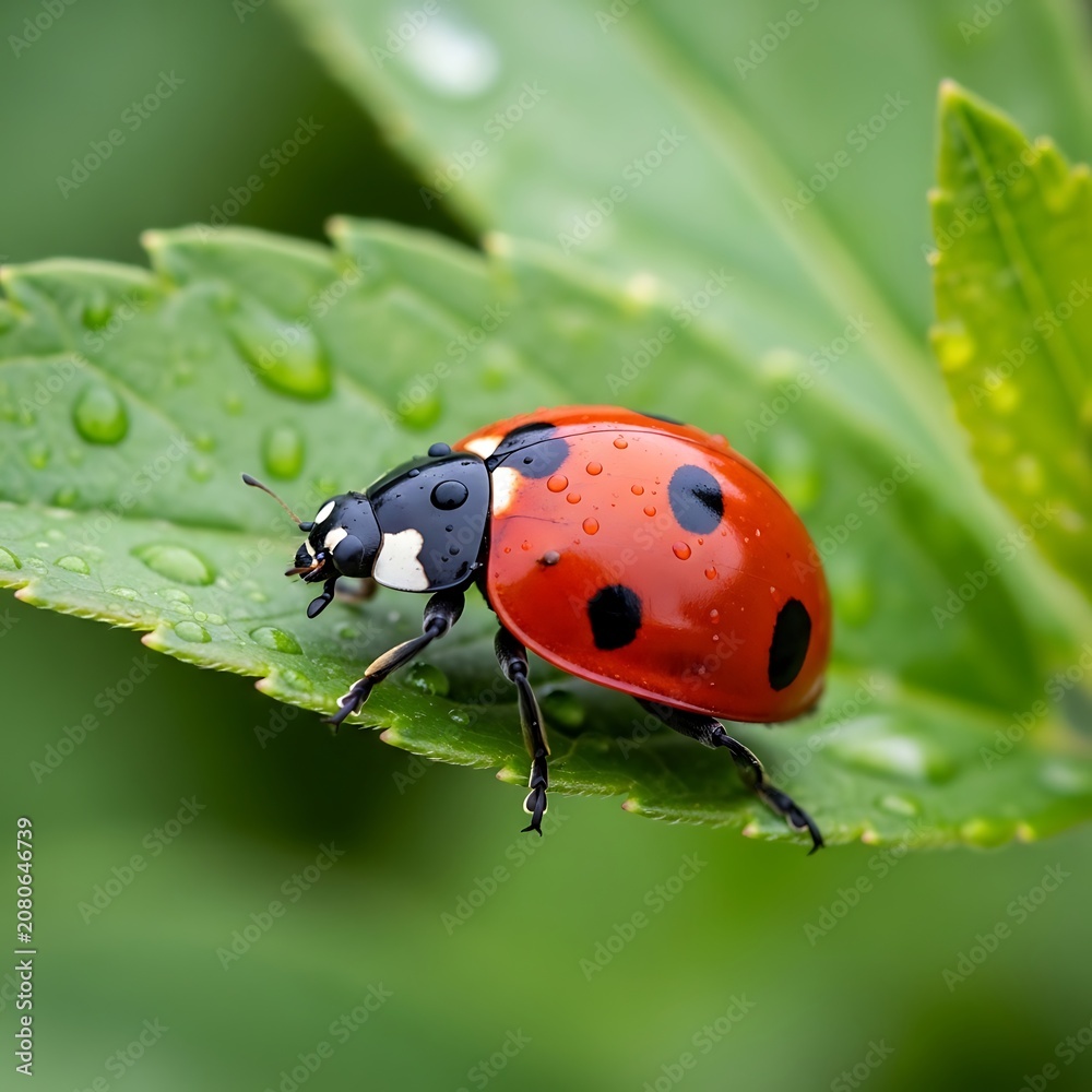 Obraz premium Red Spotted Ladybug Resting on Dewy Green Leaf in Garden