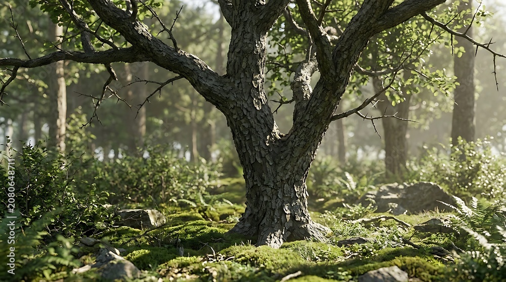 Fototapeta premium Buckthorn bark detail on a textured tree trunk surrounded by lush green forest moss and ferns in a serene woodland clearing with natural morning light