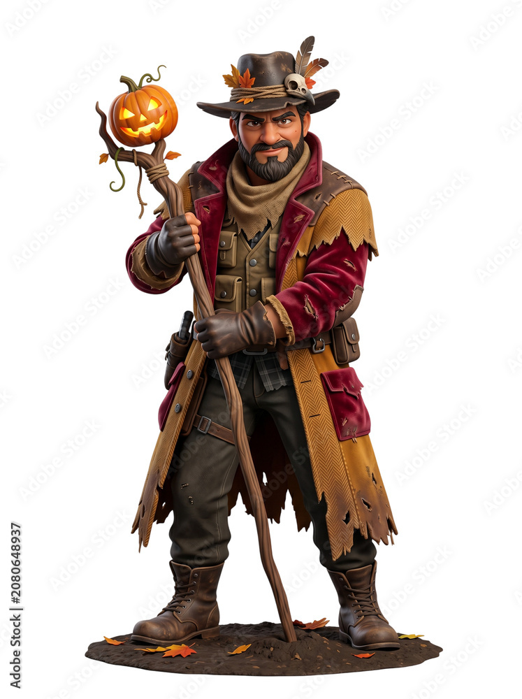 Obraz premium Full body rugged male character holding a pumpkin staff