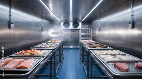 Premium Seafood Cold Storage Room with Stainless Steel Trays and Industrial Refrigeration System