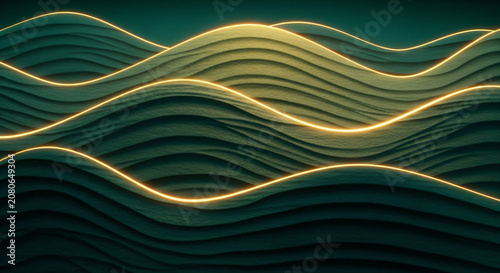 Abstract Green Waves Gold Glow Textured Luxury Background Wallpaper