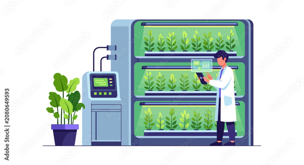 Obraz premium Smart Agriculture Concept Illustration featuring a Scientist Monitoring Vertical Farming and Hydroponic Plant Growth with a Digital Tablet and Futuristic Control Panel