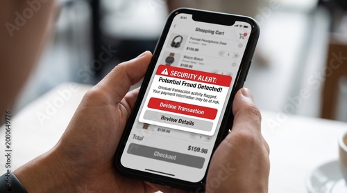 Security alert on smartphone screen, potential fraud detected notification during mobile shopping, cyber security and data protection concept