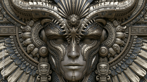 metallic fantasy portrait with mayan relief ornaments, surreal woman with symmetrical mayan design, metallic fantasy skull with alien mayan ornamentation