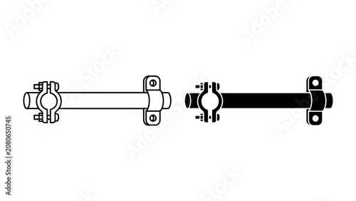 Foto Industrial Clamp and Pipe Connector: Two stylized illustrations, one in black and white, the other in silhouette, depict an industrial pipe connector or clamp mechanism with mounting flanges