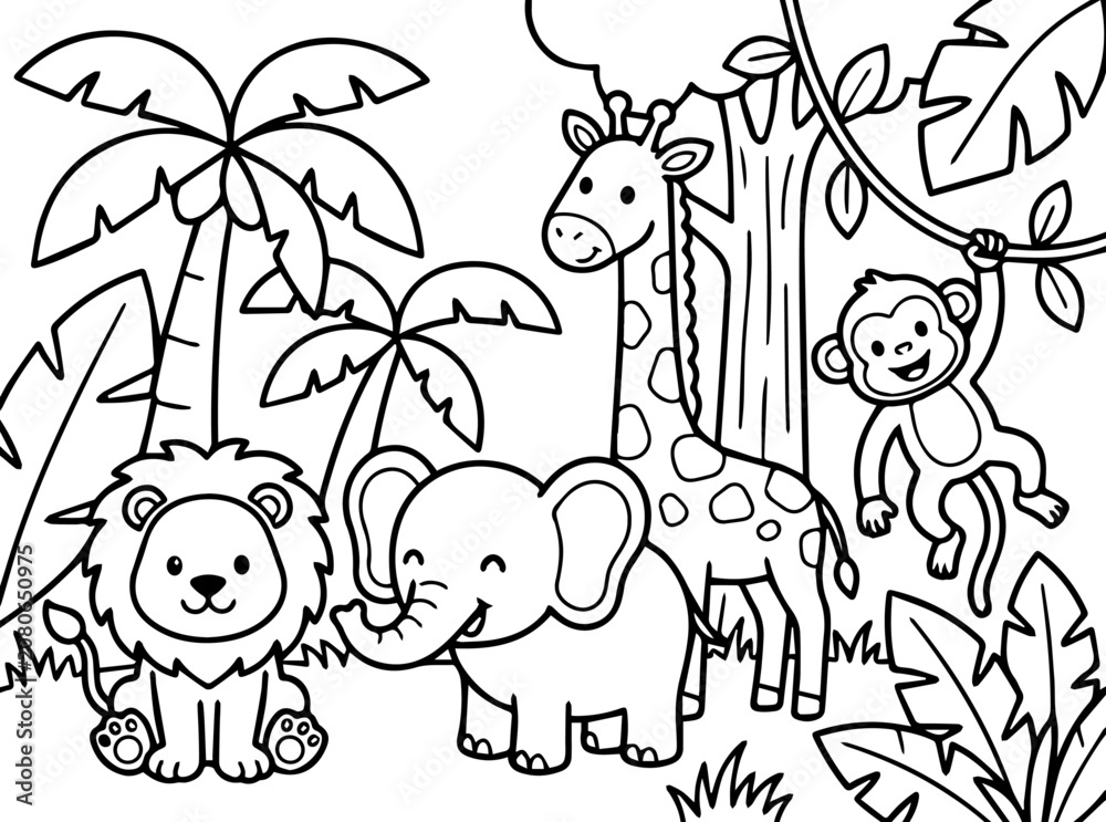 Fototapeta premium Cute Lion, Elephant, Giraffe and Monkey in Jungle Coloring Page for Kids – Black and White Cartoon Line Art