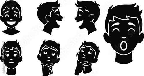 Set of eight expressive cartoon faces showing various emotions and reactions isolated on transparent background