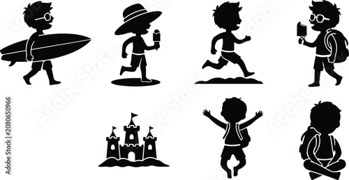 Set of six playful cartoon children icons depicting various summer and beach activities isolated on transparent background