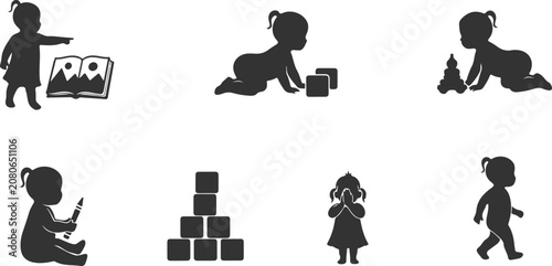 Set of playful children engaging in various indoor activities with toys and books isolated on transparent background