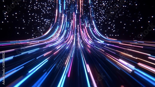 Abstract Digital Data Flow Featuring Glowing Neon Light Lines Moving Across Dark Background Space.