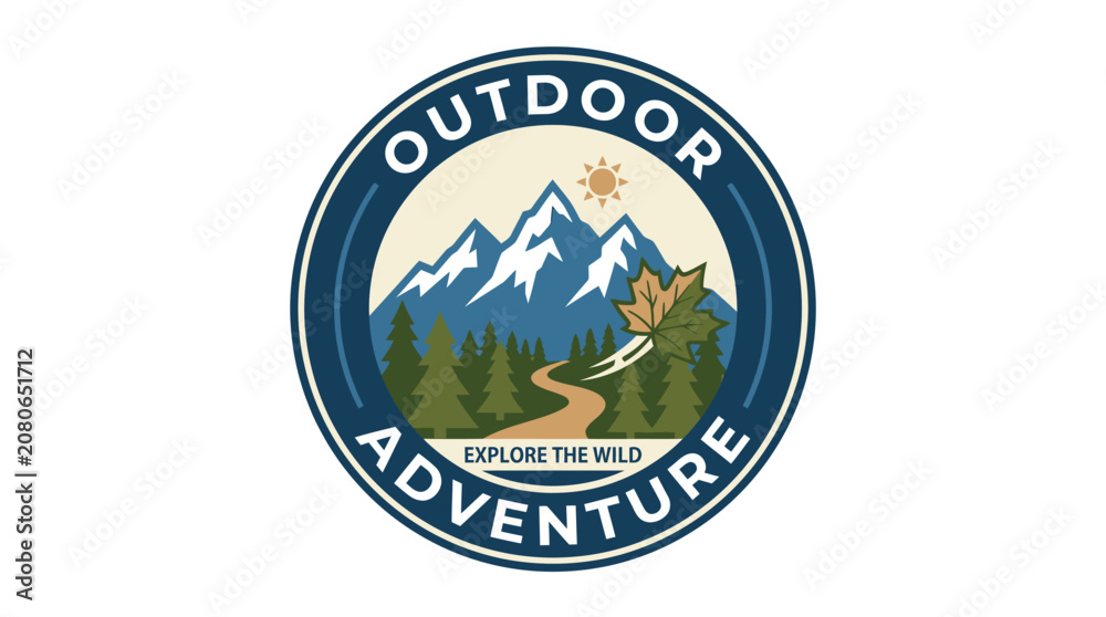 Fototapeta premium Outdoor adventure logo with mountains and trees.