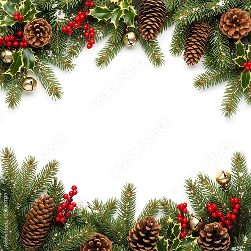 A festive holiday border with pinecones, berries, and ornaments on evergreen branches against a white background