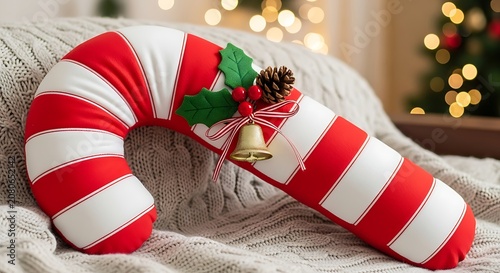 A festive holiday decoration resembling a candy cane lies on a beige knitted blanket
