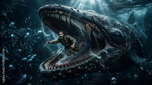 Jonah Being Swallowed by an Enormous Whale in Dark Stormy Ocean Waters with Bioluminescent Deep-Sea Creatures Visible Around