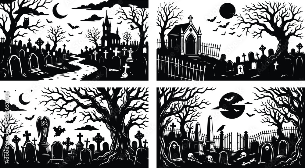 Fototapeta premium Helloween day graveyard scenes spooky gothic cemetery illustrations for halloween