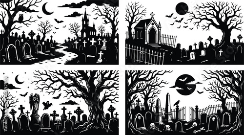 Helloween day graveyard scenes spooky gothic cemetery illustrations for halloween