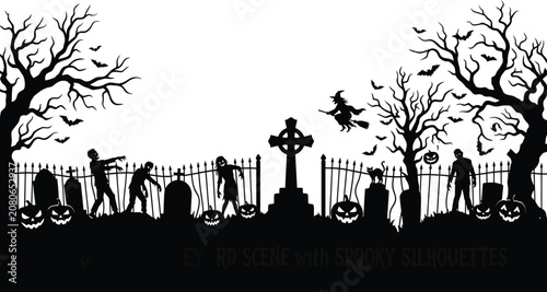 Helloween day spooky scene silhouettes of zombies witch and jack o' lanterns
