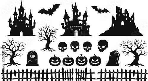 Helloween day vector set spooky castles skulls pumpkins halloween elements