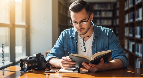 Young man reading book in library.