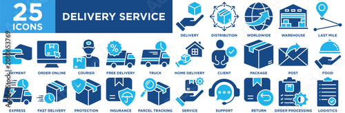 Delivery Service Icon Set Collection. Icon Pack Contain Express, Package, Delivery, Distribution, Worldwide, Warehouse, Post, Food, Parcel Tracking