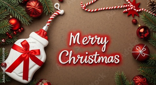 A festive holiday graphic featuring a bell, candy canes, and ornaments on a brown background with a Christmas message