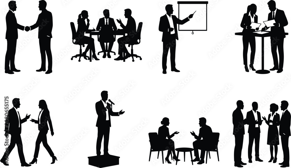 © Rina - Business Silhouette Illustrations Depicting Professional Communication, Collaboration, Meetings, and Workplace Presentations