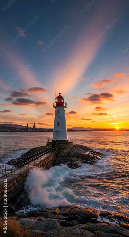 Fototapeta premium A serene lighthouse on a rocky pier at sunset with vibrant colors
