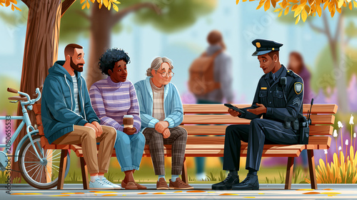 Community policing in a neighborhood park as police officers talk with residents, building trust and safety in a photorealistic scene