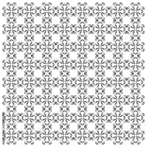 Padrão ornamental monocromático com linhas pretas sinuosas e formas simétricas conectadas. Composição elegante para estampas, papéis de parede e projetos gráficos sofisticados.