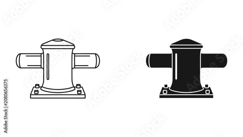 Tableau sur toile Bollard Set: A clear, simple illustration of a nautical bollard in both line art and solid black silhouette, representing maritime infrastructure and safety