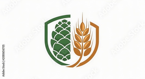 Green Hop Cone and Golden Wheat Emblem Centered on White Background