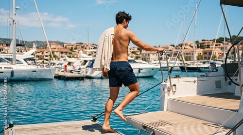 Man Boarding Luxury Yacht in Marina During Summer Vacation