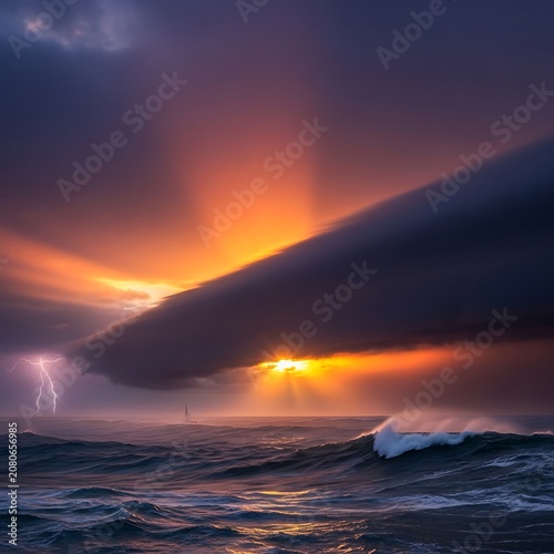 Dramatic Storm Cloud Glowing Over Rough Ocean Waves at Sunset