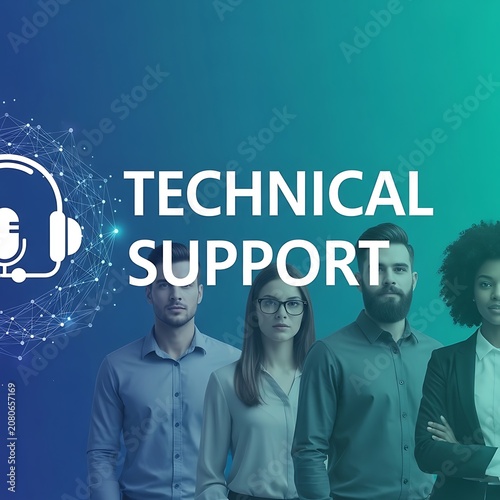 Diverse Technical Support Team Standing with Headset Icon on Blue Green Digital Background