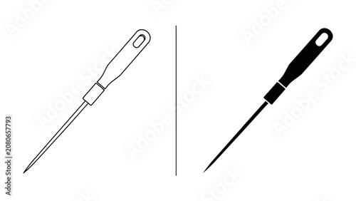 Foto Awl Tool Outline and Silhouette: A sharp awl tool is presented in both a clear outline and a solid black silhouette, ideal for illustrating crafting, repair, or DIY projects