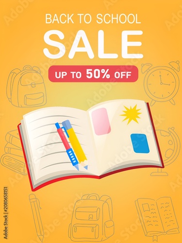 Back to school sale promotional poster with open notebook and stationery. Educational discount advertisement template with yellow background. 