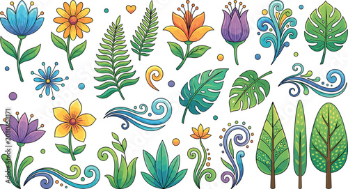 Schilderij op canvas Beautiful hand drawn botanical element collection featuring colorful spring flow