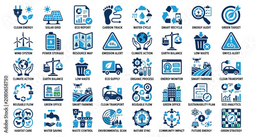 Collection of blue environmental icons for sustainability and eco friendly concepts isolated on white background