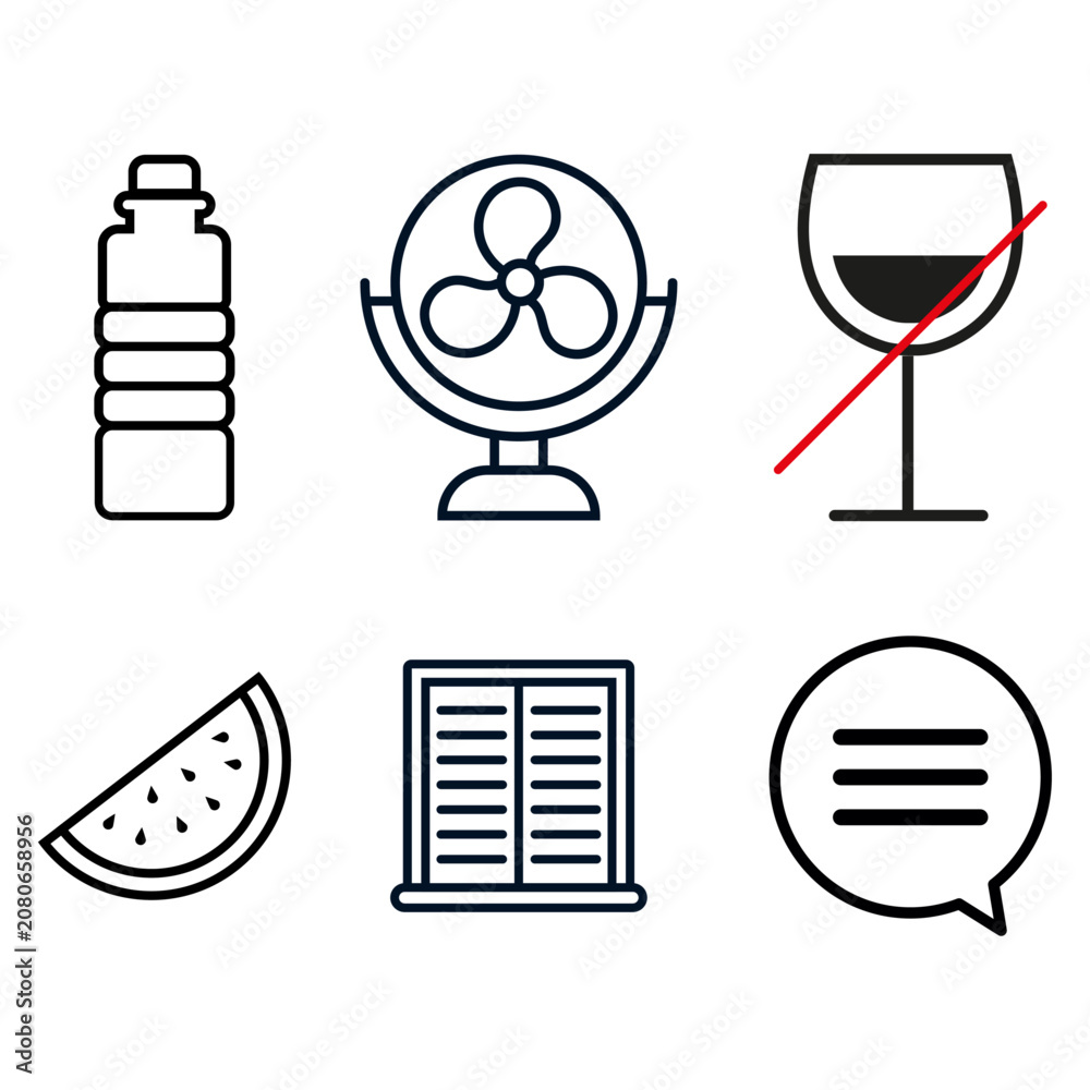 Fototapeta premium Set de pictogrammes minimalistes sur la prévention canicule : boire de l’eau, rester au frais, éviter l’alcool, manger léger, fermer les volets et communiquer.