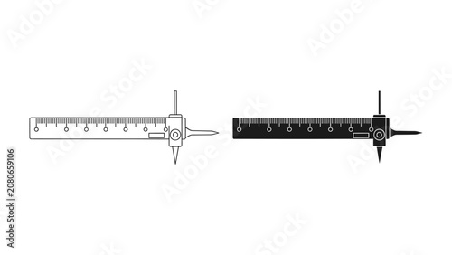 Foto Calipers, Precision Measuring Tool: A digital illustration featuring two calipers, one outlined in white and the other filled in black, symbolizing accurate measurement and engineering