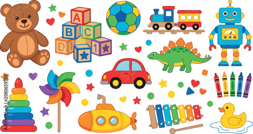 Fotografía Cute colorful children toys vector collection set with teddy bear robot train an