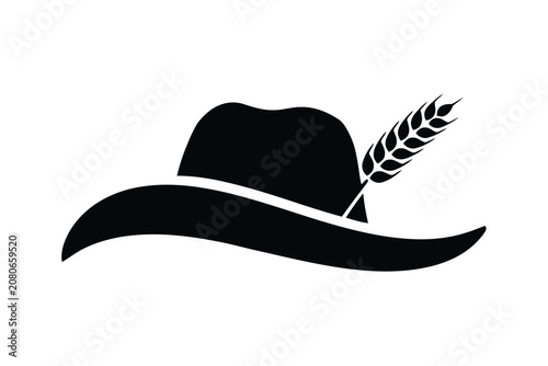 Bavarian hat with wheat harvest silhouette icon isolated on white background, clean black vector illustration for wheat ear, alpine hat, german culture and autumn in professional design projects