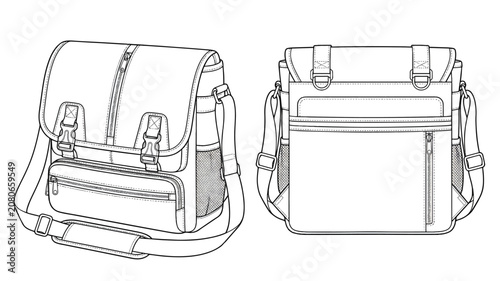 Messenger Bag Vector Template Technical Sketch Front and Back View Crossbody Bag Tech Pack
