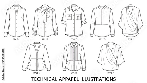 Womens Blouse and Shirt Collection Technical Flat Sketch Vector Apparel Illustration Template