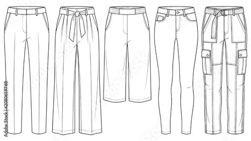 Women Pants Vector Template Collection Technical Sketch Flat CAD Trousers Set