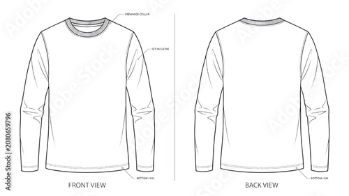 Blank Long Sleeve T-Shirt Template Vector Technical Fashion Illustration Front and Back View Mockup