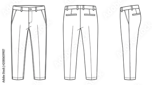 Men Trousers Chino Pants Technical Drawing Template Front Back Side View Vector Flat Sketch