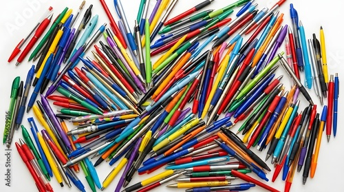 A large pile of assorted colorful pens arranged in a chaotic cluster
